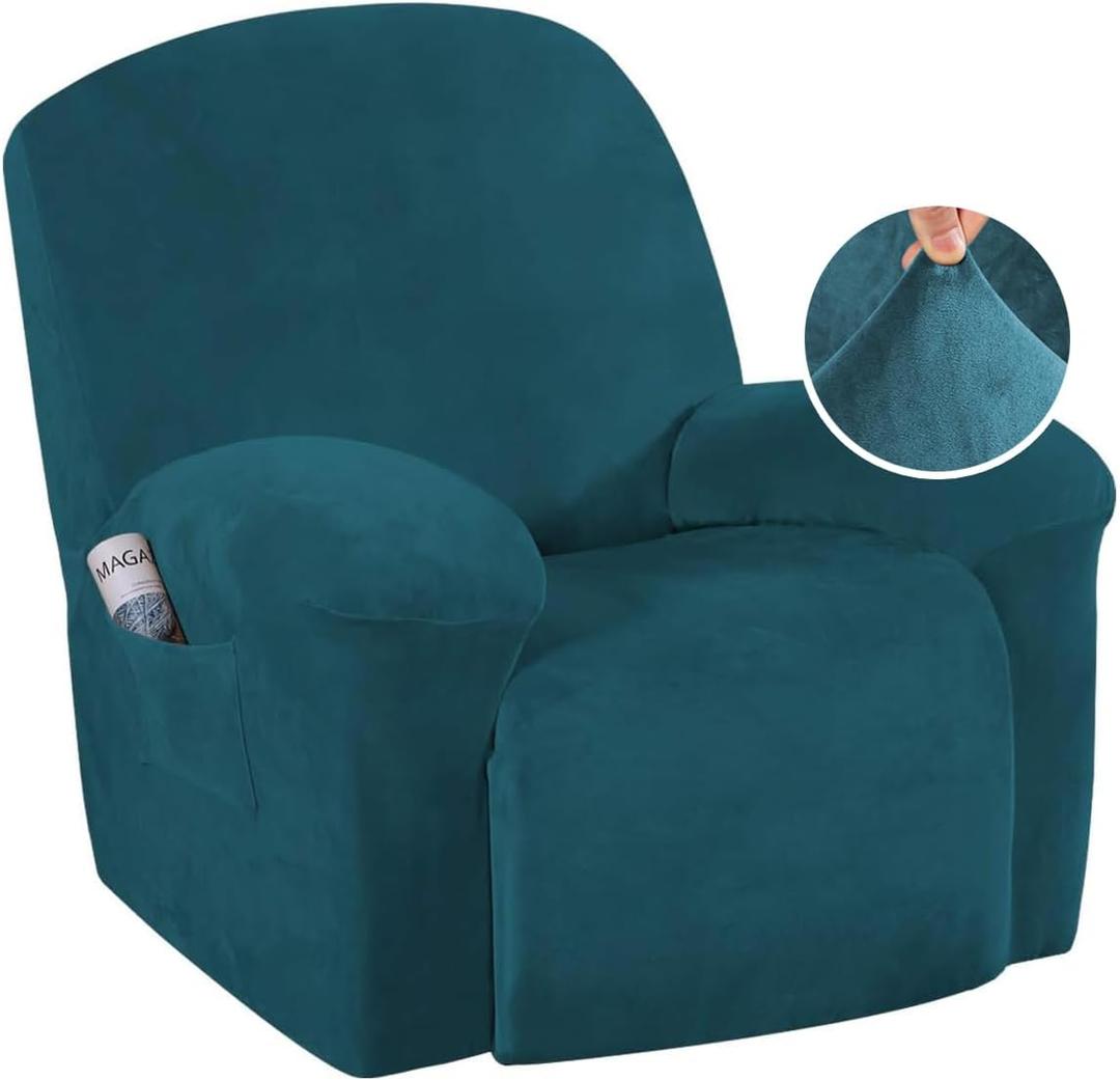 H.VERSAILTEX Velvet Soft Recliner Covers for Large Recliner 1 Piece Couch Cover Recliner Covers Stay in Place with Elastic Bottom, Anti-Slip Foams Attached (Deep Teal, Large)