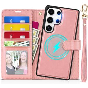 TUCCH Case for Galaxy S25 Ultra, [Detachable] Wrist Strap Magnetic PU Leather Wallet Case with RFID Blocking [Wireless Charging] 4 Card Slot Stand Removable Cover for Galaxy S25 Ultra 6.9", Rose Gold