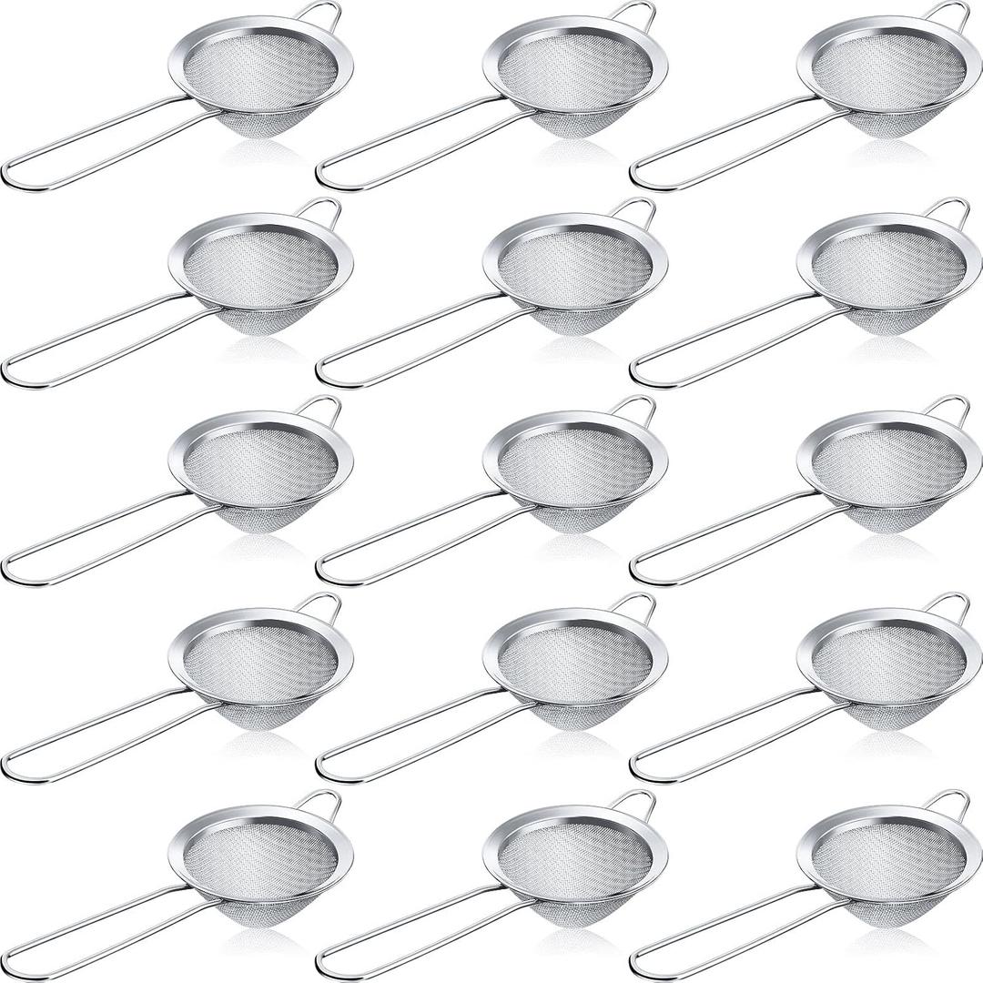 Yungyan 15 Packs Fine Mesh Small Strainer 3.3" Cocktail Strainer Stainless Steel Tea Strainers Mini Sieve Sifter for Juice, Tea Herbs, Coffee Drinks, Long Handle(Silver)