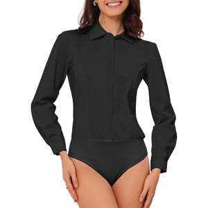 Allegra K Button Down Bodysuit Blouse for Women Collared Shirts Long Sleeve Work Business Casual Bodysuits Top (Large)