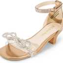 DREAM PAIRS Girls Sandals Ankle Strap Square Toe Low Heel Bow Flower Dress Shoes (1 Little Kid, Champagne-rhinestone)