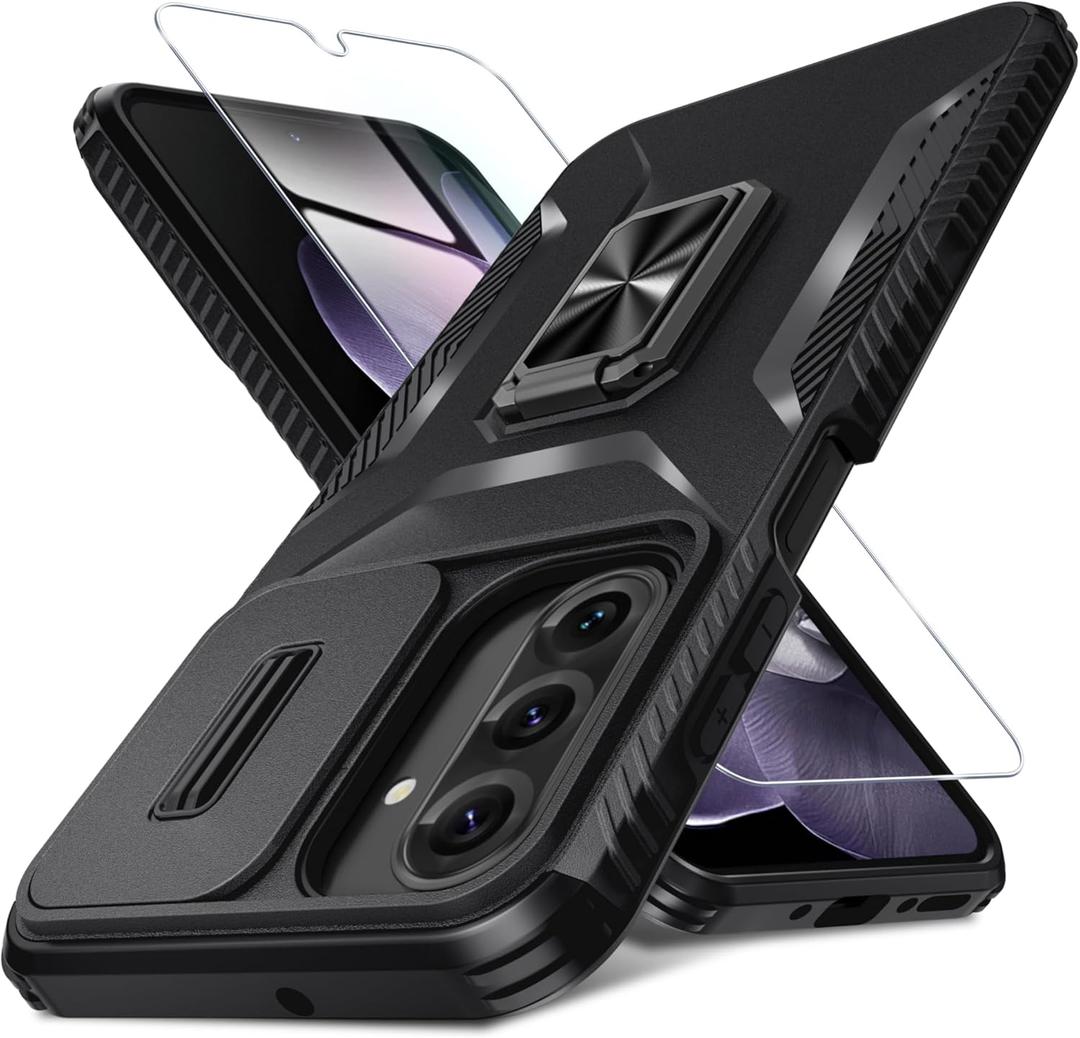 Compatible with Samsung Galaxy A17 5G/A26 5G Case with Slide Camera Cover+Screen Protector+Metal Rotated Kickstand,Tough Hybrid Heavy Duty Shockproof Protective Phone Cover,2025 Black
