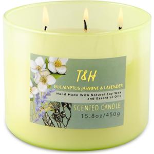 Eucalyptus Jasmine Lavender 3 Wick Candle | Highly Scented Soy Candle for Stress Relief 15.8 oz | Fresh Calming Aromatherapy Candle for Men & Women | Large Clean Burn Lavender Candle for Home