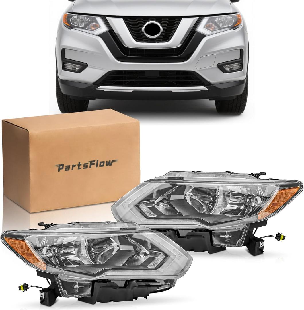 PartsFlow 2PCS Halogen Headlight Assembly Left And Right Side Headlamp For 2017 2018 2019 Nissan Rogue NI2502254 NI2503254