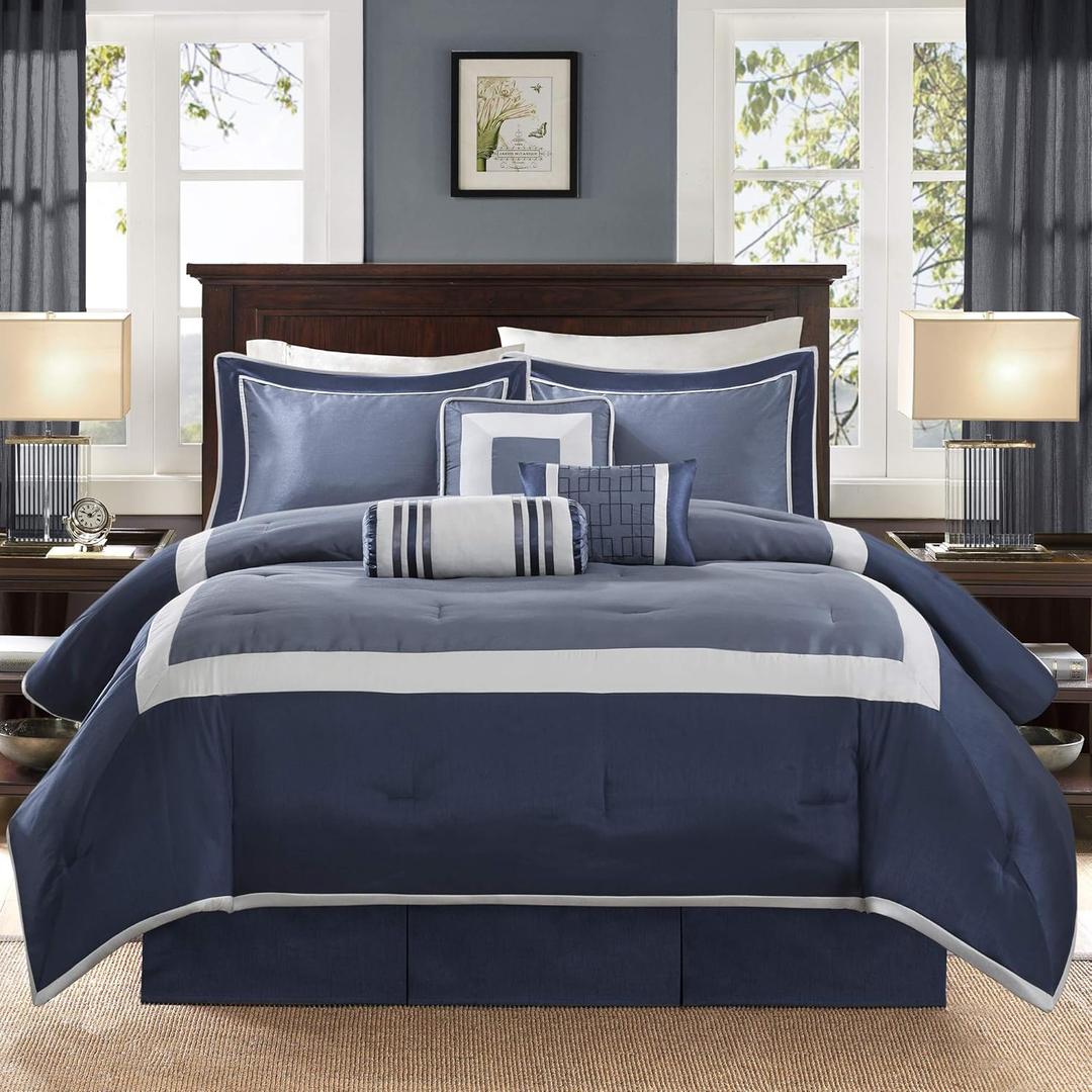 Madison Park Cozy Comforter Set-Deluxe Hotel Collection, All Season Down Alternative Luxury Bedding with Matching Shams, Decorative Pillows, Queen(90"x90"), Genevieve, Navy 7 Piece