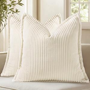 decorUhome Summer Corduroy Cream White Euro Sham Throw Pillow Covers 24x24 Set of 2 Decorative Soft Boho Farmhouse Couch Pillow Covers for Living Room Bed Sofa Broadside Striped Pillow Cases