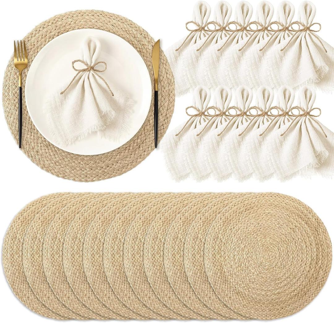 12 Sets Boho 13'' Round Woven Jute Placemat and Beige Cotton Fringe Napkins 1 Roll Jute Rope for Napkin Ring Rustic Farmhouse Charger Mat for Home Wedding Bridal Shower Dining Party Decor