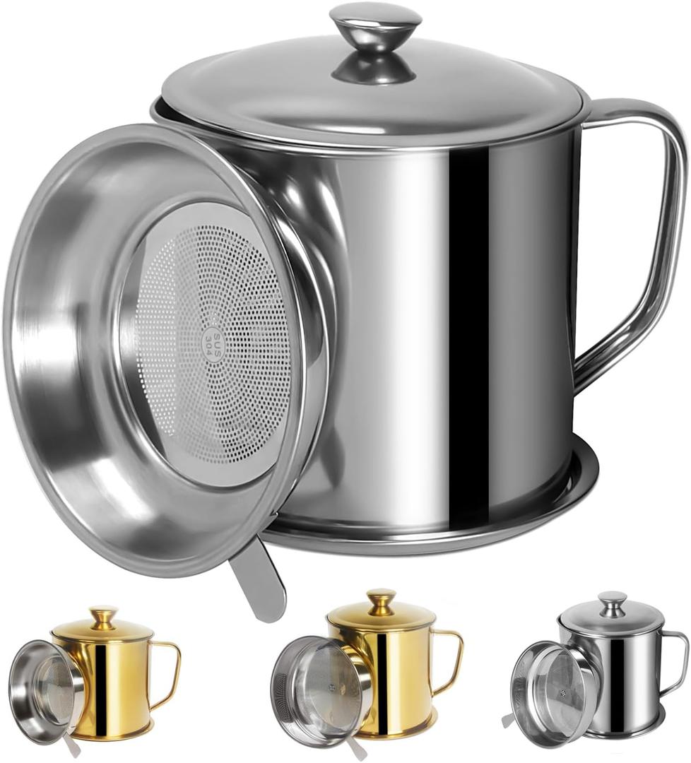 Tellshun Bacon Grease Container with Strainer 1.25 L / 42 oz Strong Kitchen Catcher Food-grade Stainless Steel Cooking Oil Keeper with Lid and Easy-Grip Handle Suitable for Storing Frying Oil