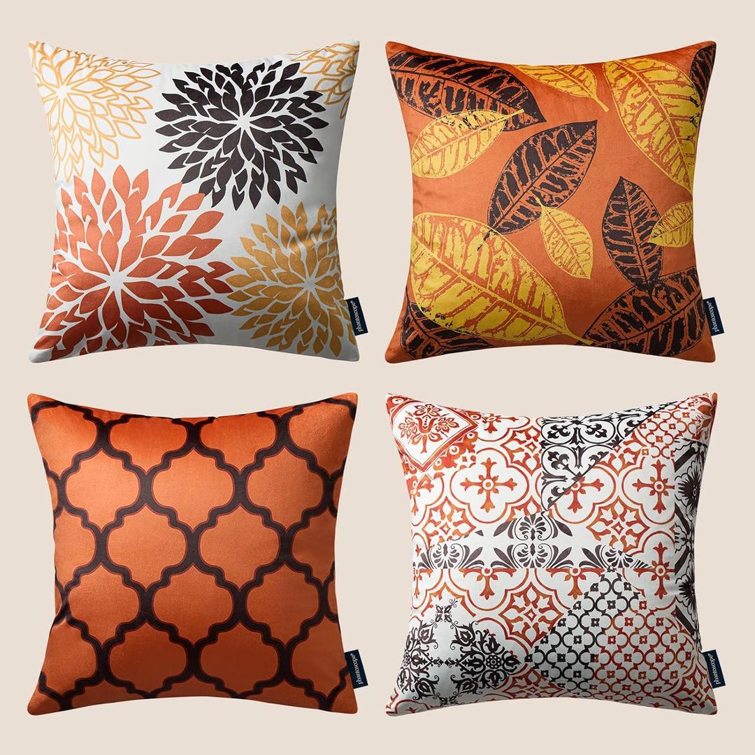 Phantoscope Set of 4 New Living Series Halloween Velvet Pillows Leaf Geometric Throw Decorative Fall Velvet Pillow Cover Cushion Cover, Orange and Black 18 x 18 inches 45 x 45 cm