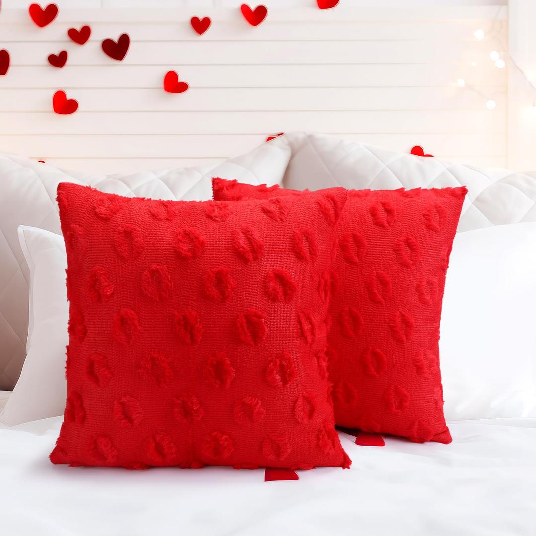 Novabright Set of 2 Valentines Throw Pillow Covers 18 X18 Cute Faux Fur Throw Case Soft Plush Aesthetic Pillow Covers for Decorative Sofa Couch Living Room Decor(Red,Lip)