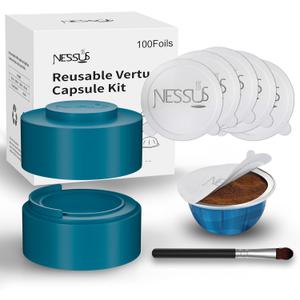 Nessus Reusable Vertuo Capsule Kit, [ALSeal EZ FIT] for Refillable Pods with 100 Pcs Aluminum Foil Seal Lids, Holder, Brush, for Refilling Vertuo Pods Reusable Vertuoline Pod(Blue)