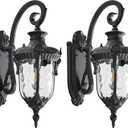Outdoor Wall Lights, Waterproof Aluminum Porch Wall Light for Outside House, Patio, Yard, Garden, Black Gooseneck Exterior Wall Sconce, Hardwired Outdoor Acorn Shape Lantern, Water Ripple Glass, 2pack