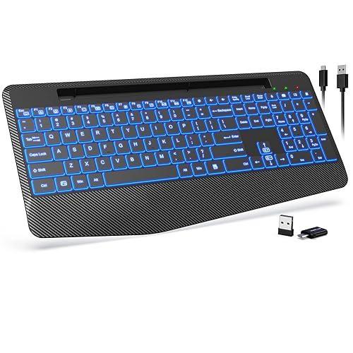Wireless Keyboard with 7 Colored Backlits, Wrist Rest, Phone Holder, Rechargeable Ergonomic Computer Keyboard with Silent Keys, Full Size Lighted Keyboard for Windows, MacBook, PC, Laptop (Black)