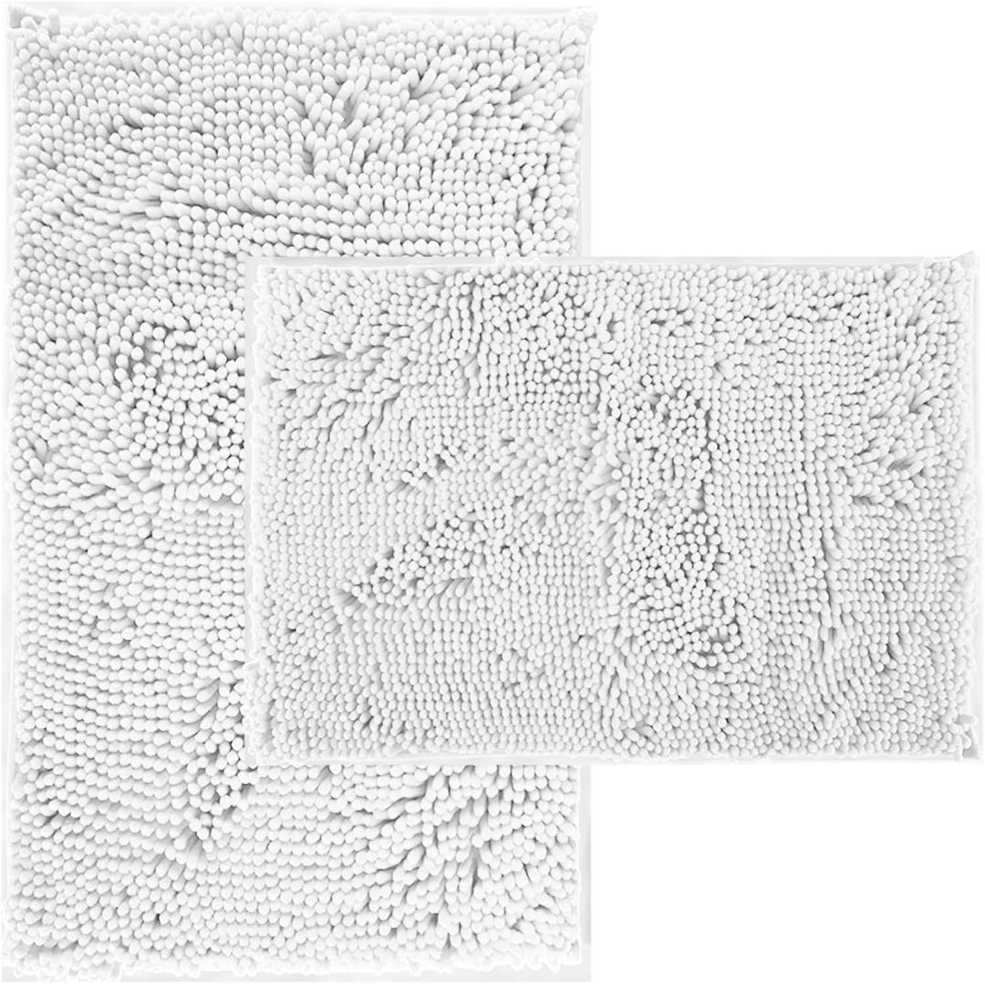White Bathroom Rugs and Mats Set, 2 Piece Chenille Bath Mat Set, Machine Wash Dry, Non Slip Absorbent Shaggy Bath Rug for Bath Room, Shower and Tub (20" x 32"+16" x 24") Bathroom Rug St Accessories