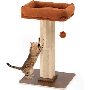FUKUMARU Cat Scratching Post, Retro-Style Tall Scratch Posts with Perch for Indoor Cats Adults, Large Cat Scratcher Tower with Bed, Natural Sisal & Solid Wood