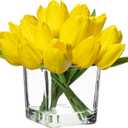 DILATATA Artificial Yellow Tulips in Vase with Faux Water 5.5" Real Touch Flowers Fake Tulips Small Flowers Arrangement in Cube Glass Vase for Mother's Day Table Centerpiece Wedding Home Decor