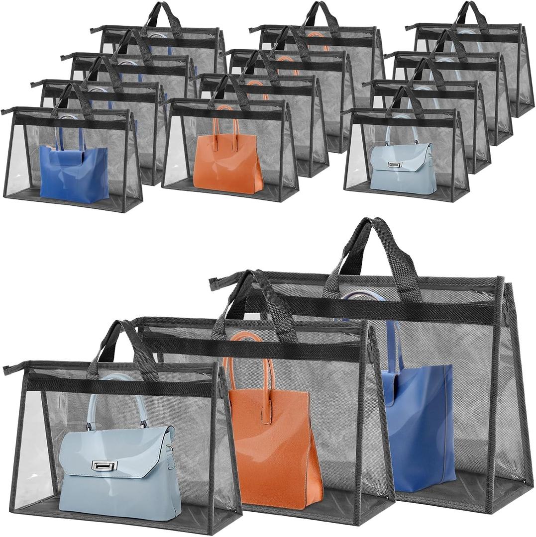 15 PCS Dust Bags for Handbags,Purse Protector Storage Bag,Purse Cover Hanging Closet Organizer with Zipper Handle,Clear Handbag Storage Organizer for Closet,3 Assorted Sizes(Gray)