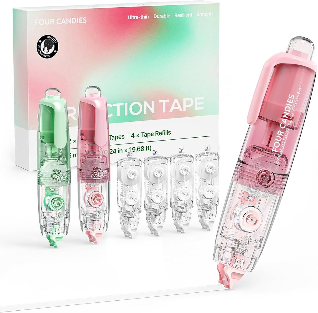 Four Candies Refillable Retractable White Correction Tape, 2PCS White Cute Smooth Push Pull Out Tape with 4 Extra Refills, Pen Shaped Applicator for School Office Supplies (Pink Green)