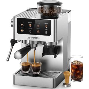 AIRMSEN Espresso Machines with Burr Grinder, 20 Bar, Milk Frother Steam Wand, Stainless Steel Coffee Maker for Home - Cappuccino Latte & Cold Brew Iced Coffee Maker & Americano