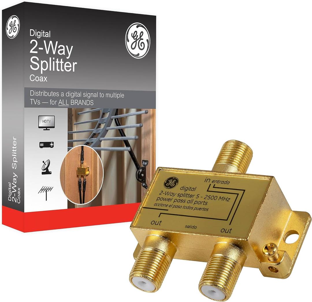 GE Digital 2-Way Coaxial Cable Splitter, 2.5 GHz 5-2500 MHz, RG6 Compatible, Works with HD TV, Satellite, High Speed Internet, Amplifier, Antenna, Gold Plated Connectors, Corrosion Resistant, 33526 (1 Pack)