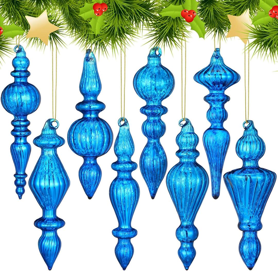 Mifoci 8 Pcs 6 Inch Mercury Glass Finial Christmas Ornaments Hanging Christmas Finials Glass Ornaments Assorted Mercury Decor for Vintage Holiday Xmas Tree Decoration(Blue)