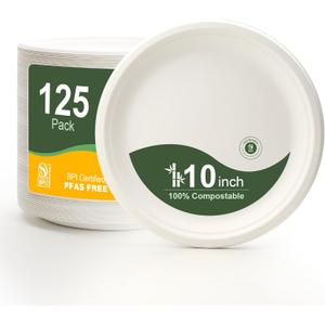 WELLIFE 10 Inch Paper Plates, 125-Pack 100% Compostable Heavy Duty Disposable Plates Bulk, Biodegradable Bagasse, Eco-Friendly, PFAS-Free | BPI Certified | Microwaveable (White)