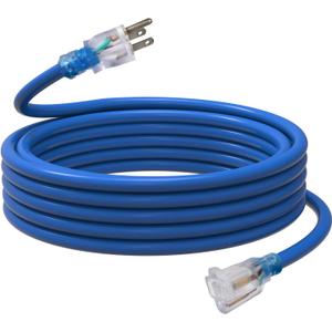 EP 25 Ft Outdoor Extension Cord, 12/3 SJTW Heavy Duty Waterproof Power Cable, 3 Prong Grounded Plug, Lighted End, for Lawn, Garden, Appliances, Blue (25ft)