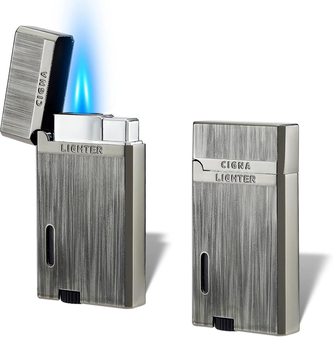 Yeuligo 2 Pack Double Flame Torch Lighters, Classic Pocket Lighters with Visible Window, Adjustable Jet Torch Lighter, Refillable Butane Lighter for Men and Women (Brushed Grey)
