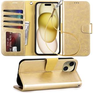 Arae Compatible with iPhone 15 Case with Card Holder and Wrist Strap Wallet Flip Cover for iPhone 15 6.1 inch,Champagne Gold