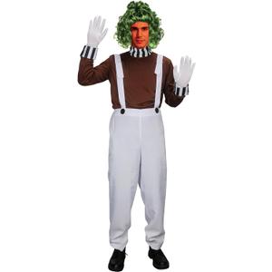 HLENOK Adult Men Candy Chocolate Factory Worker Costume Shirt Jumpsuit Gloves Wig Outfit Halloween Cosplay Costumes Props (Medium)