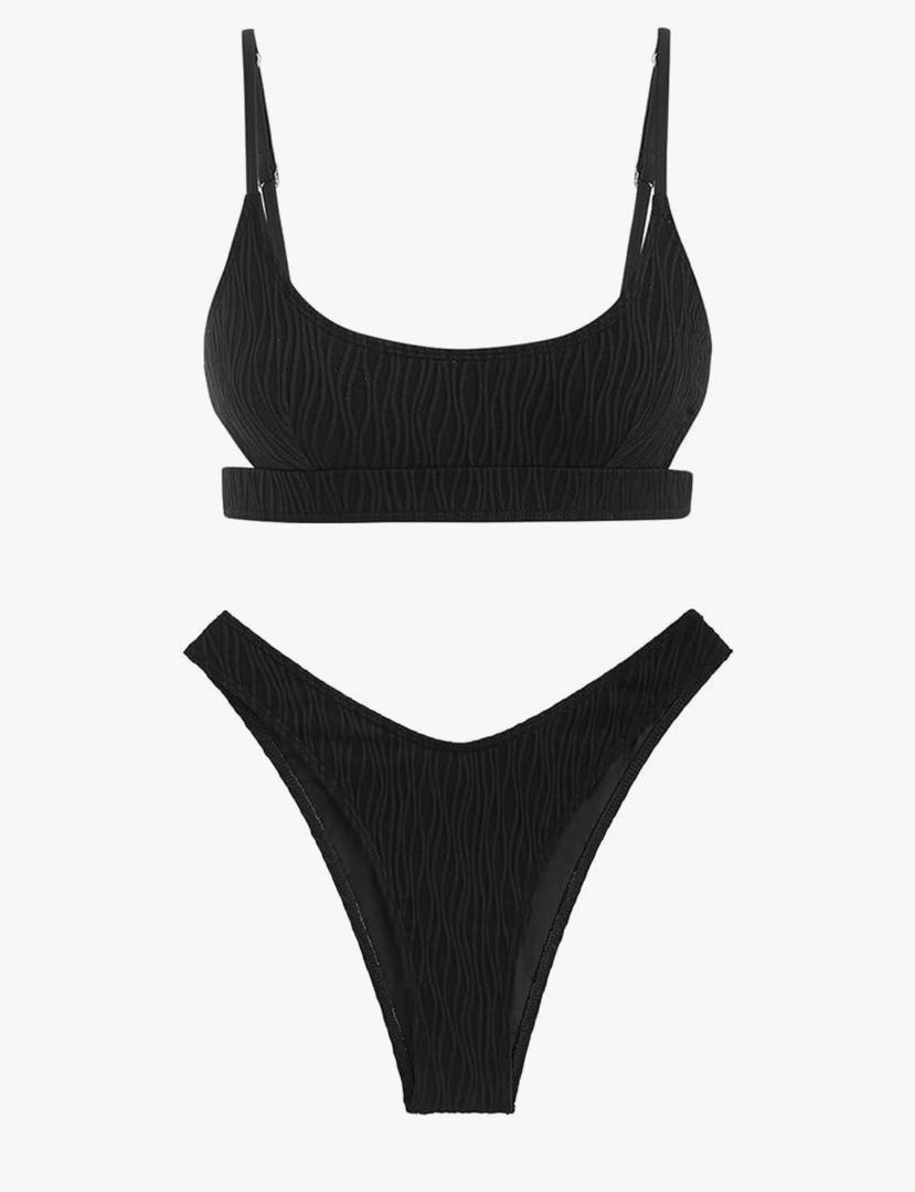 ZAFUL Women's Cutout Bikini Sets Scoop Neck Back Criss Cross Tie Ribbed High Cut Bikini Swimsuit Two Piece Bathing Suits, M