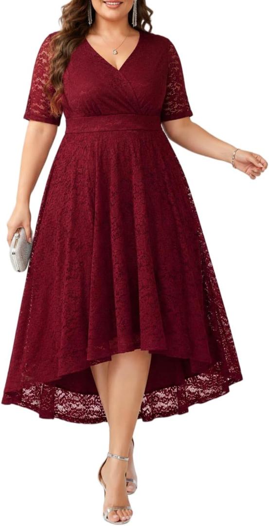 Plus Size Wedding Guest Dress Fall Formal Lace Burgundy Faux Wrap V Neck High Low Short Sleeve Cocktail Party Maxi Dresses (Red, M)
