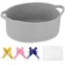 COMSE Small Woven Basket with Gift Bags and Ribbons, Gift Basket Empty, Cotton Rope Storage Organizer, Baby Toy Box with Handles, Cool Gray