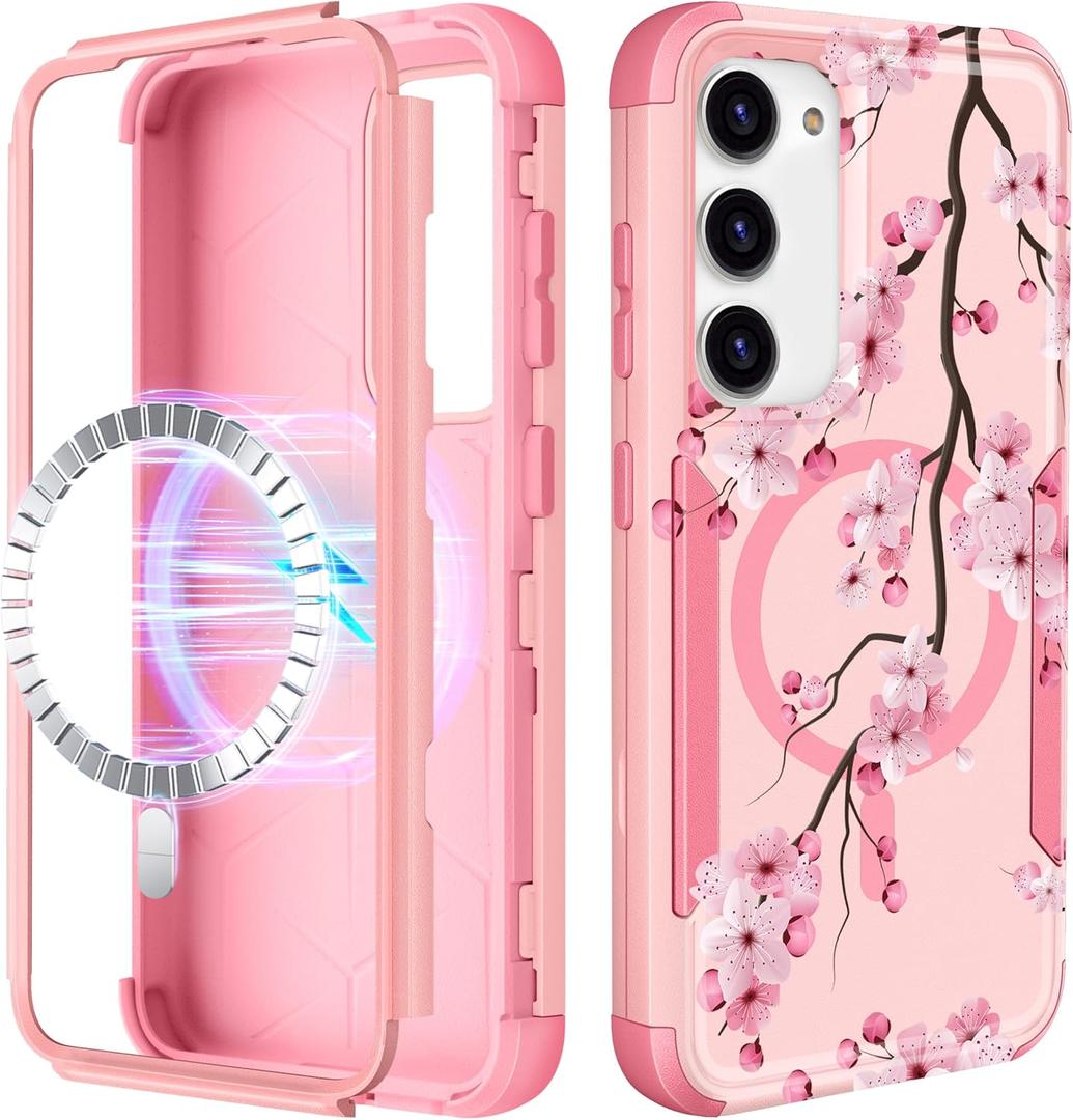 LISEVO for Samsung Galaxy S24/S25 Case - [Compatible with MagSafe] Women Girls Cute Magnetic Protective Phone Cover Girly Flower Pretty Heavy Duty Shockproof Funda for Samsung S24/S25 Cases (Blossom)