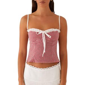 Womens Sexy Lace Trim Camisole Tank Tops Y2k Slim Fit Corset Going Out Streetwear Ruffle Spaghetti Strap Club Tops (Large, Gingham Red)