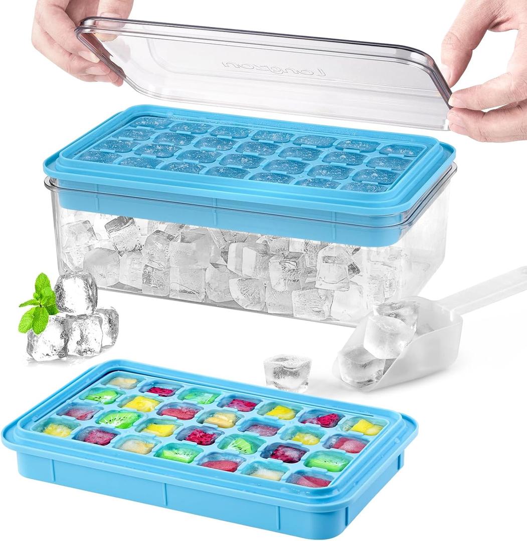 Longzon Ice Cube Tray with Lid and Bin, 56 Pcs Ice Cube Trays for Freezer, Ice Cube Mold, Ice Molds Spill-Resistant Removable Lid & Ice Scoop, Ice Mold for Whiskey Cocktail, Tea, Coffee -Blue