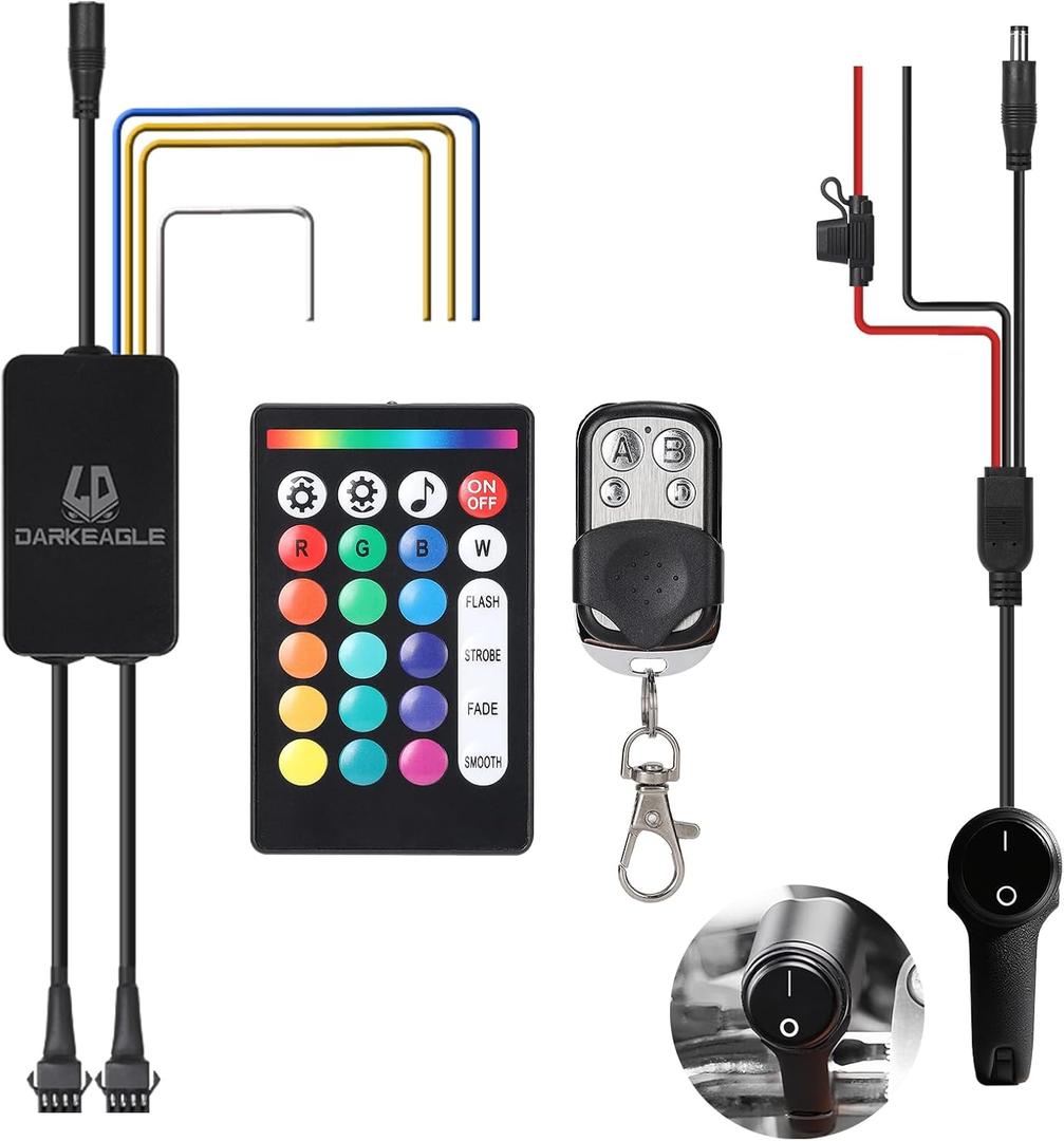 Replacement Controller with Handlebar Switch Brake Turn Signal Smart Energy-Saving Functions APP/RF Remote Control, 4Pin Control Box with 5A Fuse for Motorcycle RGB LED Underglow Lights