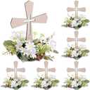 Novabright 6 Pcs Wooden Cross Table Centerpieces with 6 Pcs Floral Wreaths Standing Religious Decorations for First Communion, Baptism, Christening, Confirmation, Wedding Decor (White Wreath)