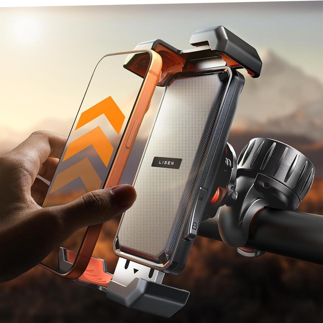 LISEN for iPhone 17 Bike Phone Holder for Motorcycle, [Compatible with Large Phone Anti-Navigation Shaking], Bicycle Phone Holder Handlebar Cell Phone Clamp for iPhone 17 Air Pro Max 16 15 Samsung