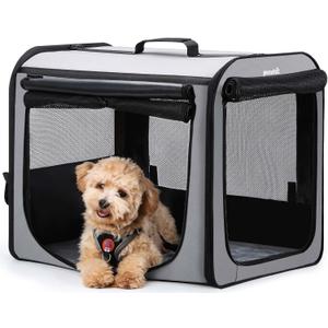 Dog Car Carrier Light Weight, Dog Carrier for Car, Portable Dog Car Crate with Breathable Windows, Foldable Pet Carrier for Both Indoor and Outdoor Use, Dog Travel Crate with Curtain Gray