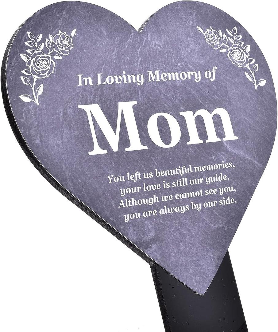 Mom Memorial Heart Shaped Plaque, Grave Marker - printed with remembrance poem, mounted on a sturdy acrylic stake