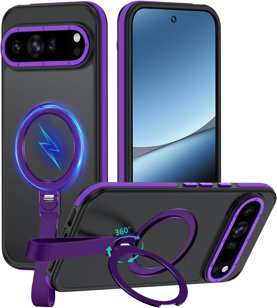 for Google Pixel 10 Case/Pixel 10 Pro Case with 360 Spin Magnetic Stand-Finger Strap, [Fit for MagSafe][16FT Mil-Grade Protection] Ring Holder Kickstand Translucent Matte Phone Case (Purple)