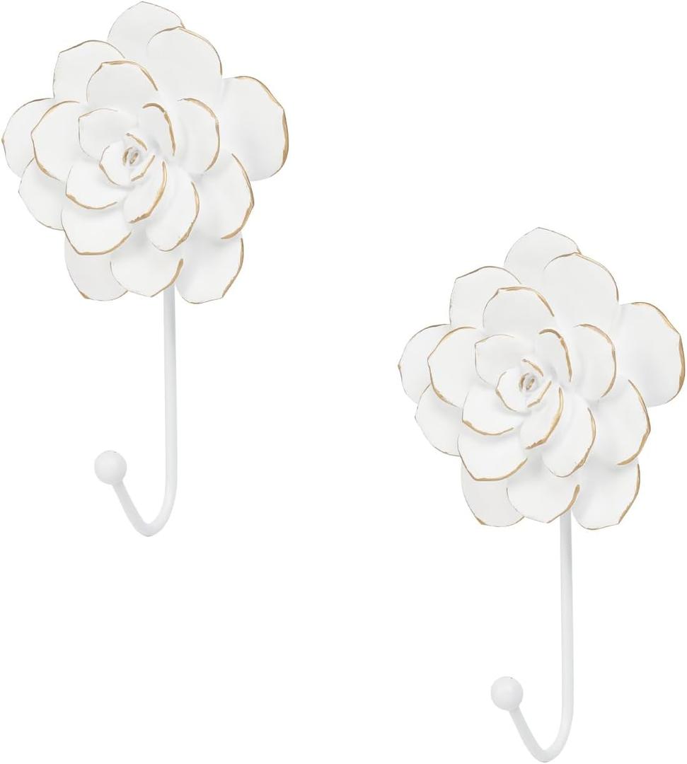 Guichifun Flower Coat Hooks Wall Decor - 2pcs Resin White Decorative Wall Hooks for Hanging Clothes Coats Towels Keys Bags Hats Bathroom Home Decoration Gift 4 x 1.5 x 7 Inch