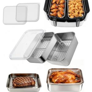6-Piece Air Fryer Accessories Set, Stainless Steel Air Fryer Rack With Lids, 2 Depths (5cm & 8cm), Compatible with Ninja, Cosori, Philips, Fits 8-10QT Rectangle Dual Basket Air Fryers, BPA Free