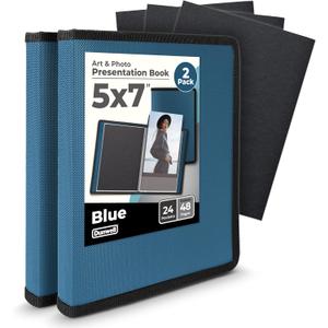 Dunwell Small Photo Album 5x7 (2-Pack, Blue), Mounting Paper, 5 x 7 Photo & Art Portfolio Presentation Binder, 24 Sleeves Display 48 Pages, Professional Picture Book for 5x7 Artwork, Postcards (5x7" w/ BLK Paper, Cobalt Blue)