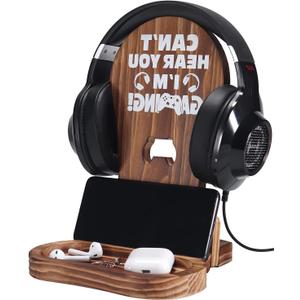 ALEjon Gamer Gifts for Teenage Boy, Man Cave Decor, Best Gifts for Son, Boyfriend, Husband, Gaming Accessories for Room, Wooden Headset Stand for Gaming Desktop- Can't Hear You I'm Gaming
