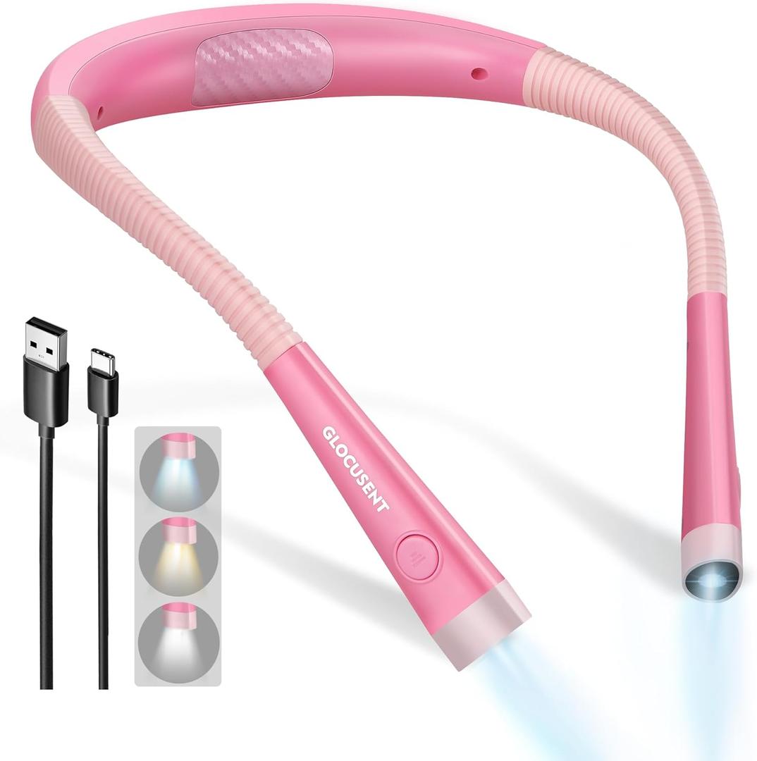Glocusent Book Light, 3-Color & 6-Brightness Reading Light, Bendable Neck Light, 80-hr Lasting Rechargeable Book Light, Perfect Reading Lights for Books in Bed, Knitting, Book Lovers Gifts - 1Pack (Standard-Medium, Pink)
