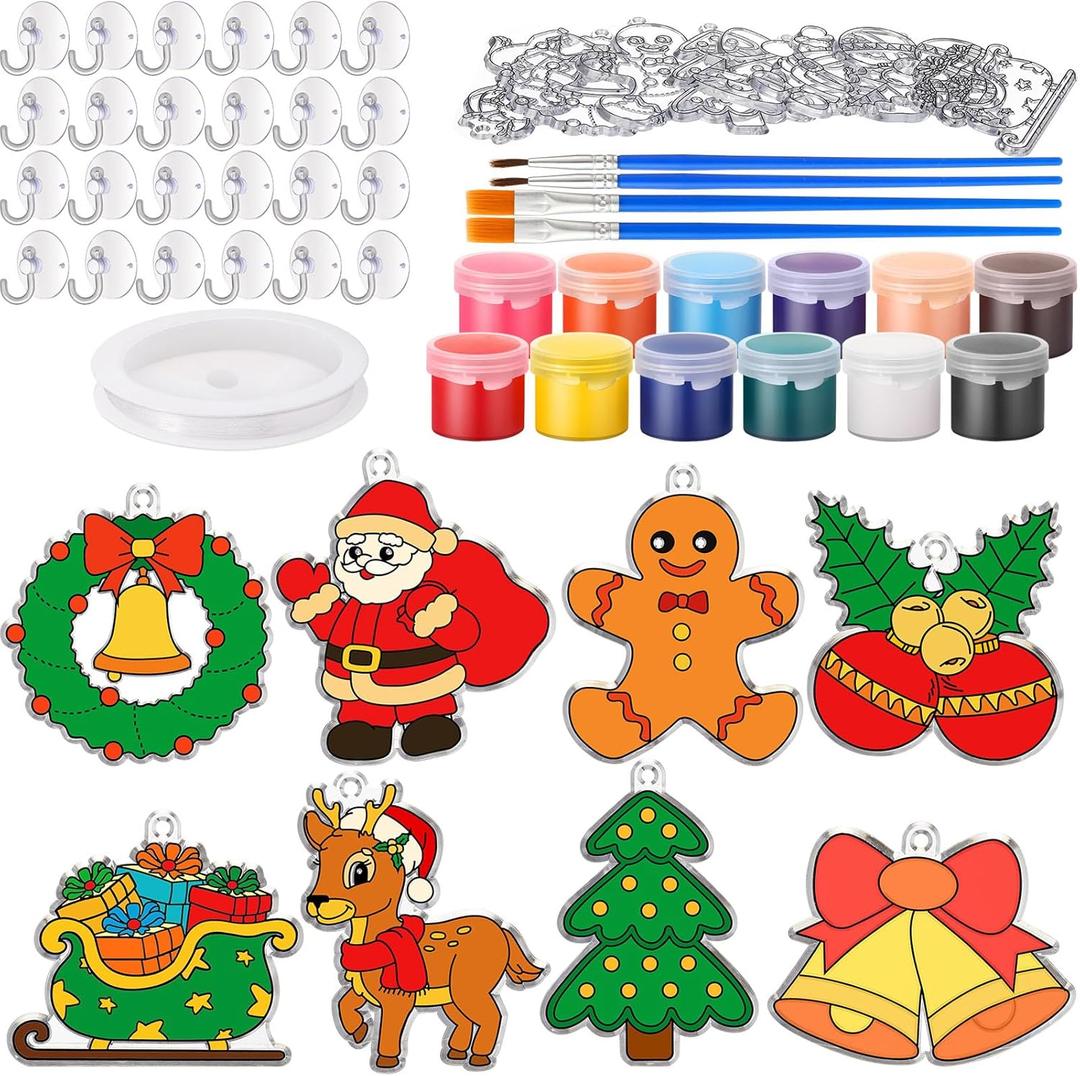 Cholemy 24 Sets Christmas Sun Catcher Kit Include Suncatcher Craft with Paints Suction Cups Fishing Thread, Xmas DIY Window Art Kit Paintable Suncatchers Winter Holiday Decorations for Christmas Gifts