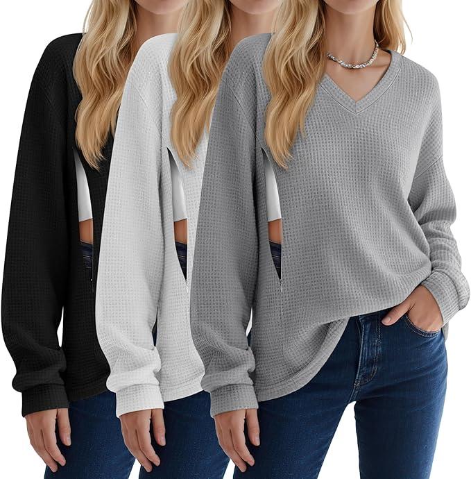 3 Pack Women's Oversized Nursing Tops Waffle Knit V Neck Breastfeeding Long Sleeve Shirts Hidden Zipper Sweatshirt, Small