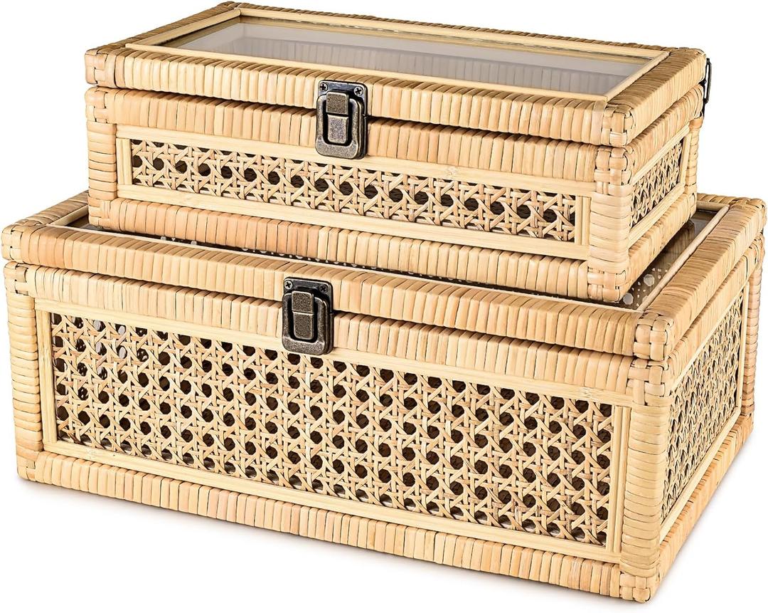 Large Decorative Box Lid Display, Woven Rattan Jewelry Box with Glass Boho Vintage Decor Craft Organizer Rattan